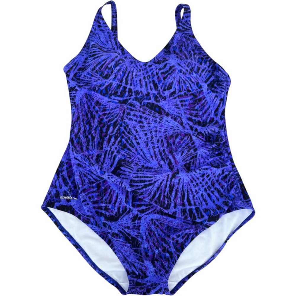 Speedo Womens One Piece Swimsuit Blue Purple Abstract Ruched V-Neck Size 18 NWT